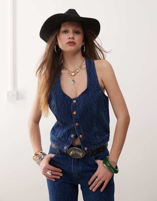 Wrangler co-ord denimtop med knappar framtill och heltryck i mörkblått - Image 1