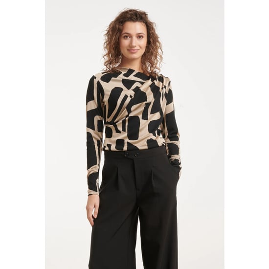 Smashed Lemon Asymmetrische drapering top met een abstracte print in zwart en beige | - Image 4