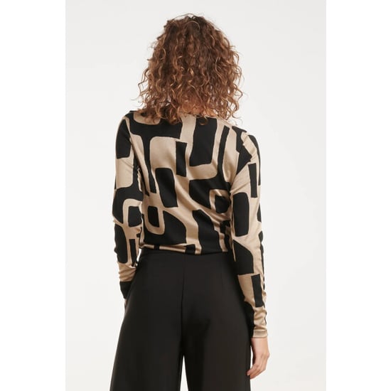 Smashed Lemon Asymmetrische drapering top met een abstracte print in zwart en beige | - Image 5