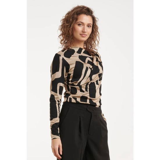Smashed Lemon Asymmetrische drapering top met een abstracte print in zwart en beige | - Image 6