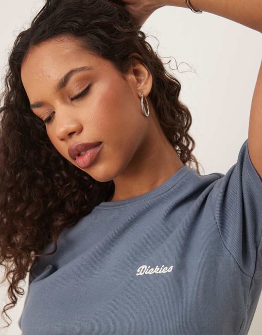 Dickies Lewistown broderad logotyp långline baby tee i mid blå - Image 2
