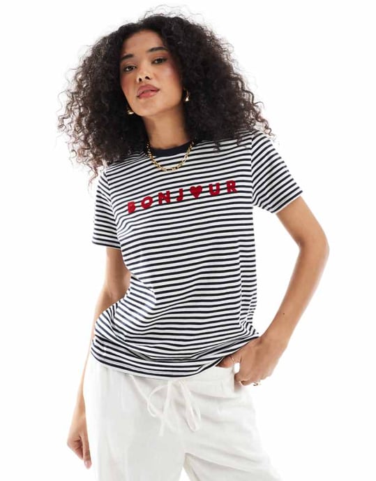 French Connection bonjour t-shirt i marinblå och vit rand - Image 1