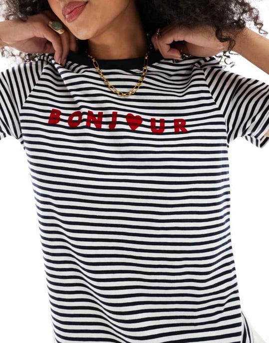 French Connection bonjour t-shirt i marinblå och vit rand - Image 3