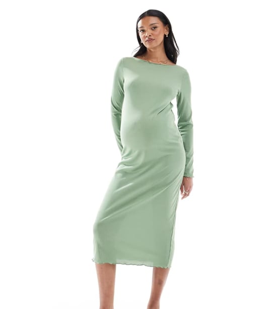 Mamalicious Gravid båtkrage jersey midi klänning i khaki - Image 1
