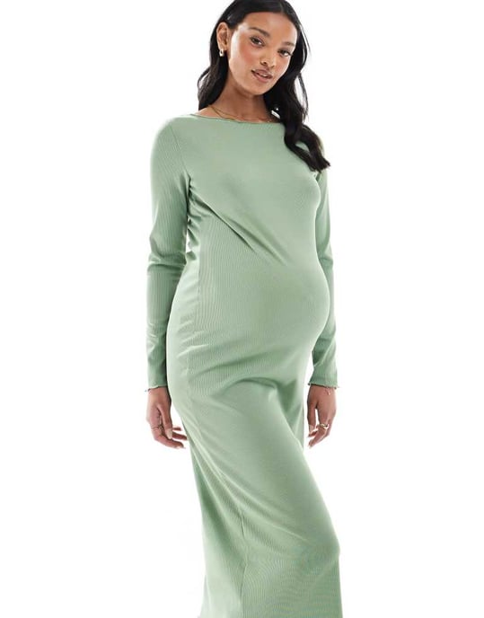 Mamalicious Gravid båtkrage jersey midi klänning i khaki - Image 2