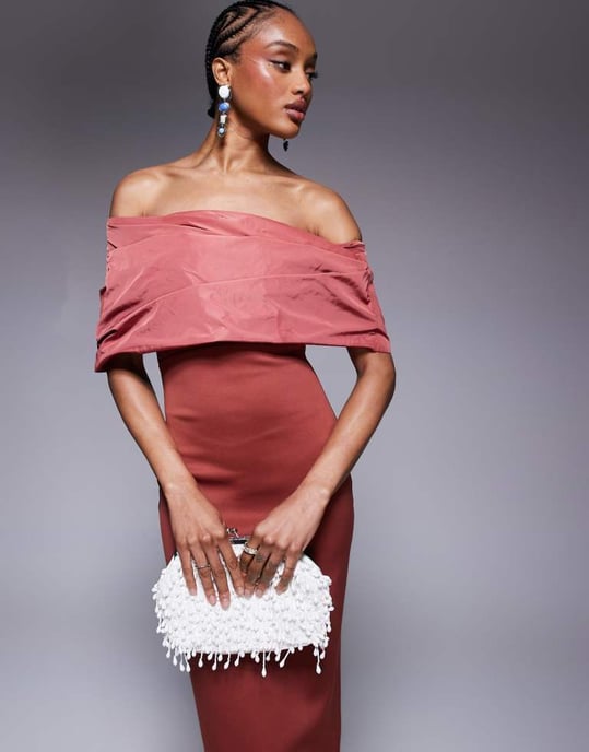 ASOS DESIGN Tall bardot manipulated taffeta bodice detail midi dress in red - Image 2