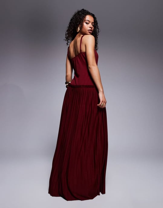 ASOS DESIGN Petite square neck pleated maxi dress with dropped waist in wine - Image 1