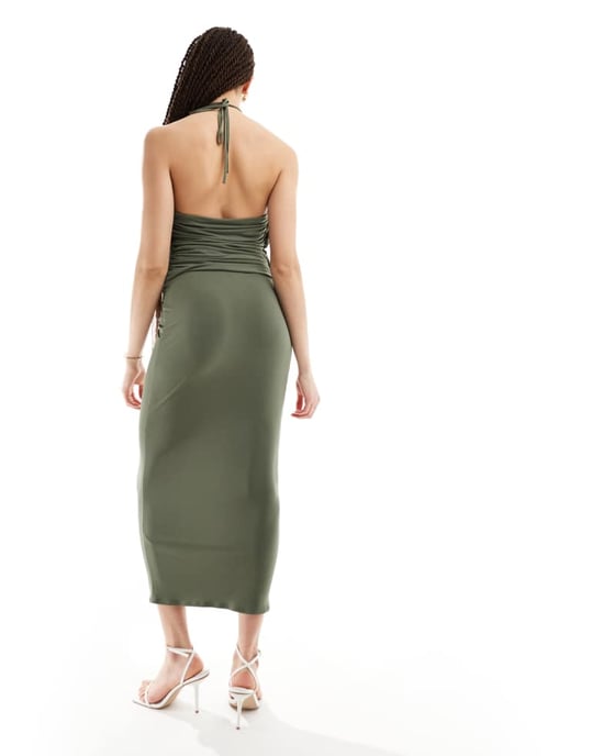 ASOS DESIGN Tall halter ruched midi dress with central cut out detail in soft khaki - Image 1