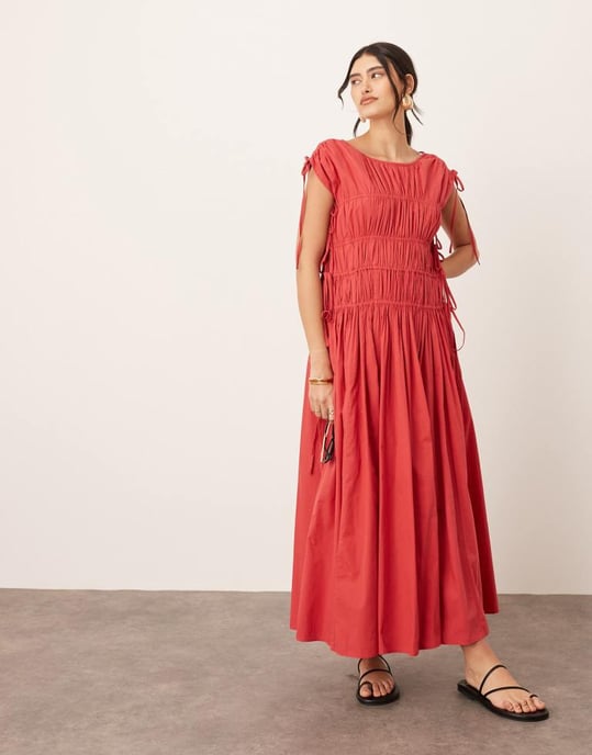 ARRANGE clean cotton drawstring detail trapeze midi dress with pockets in washed red - Image 1