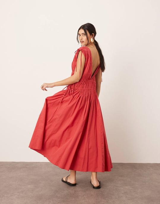 ARRANGE clean cotton drawstring detail trapeze midi dress with pockets in washed red - Image 2