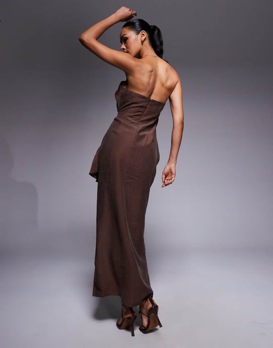 ASOS DESIGN bandeau midi dress with side pleat detail in chocolate - Image 1