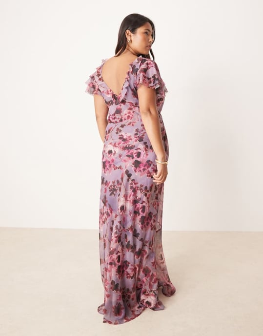 ASOS DESIGN Curve maxiklänning med volangärmar och hög hals i vintageblommönster - Image 3