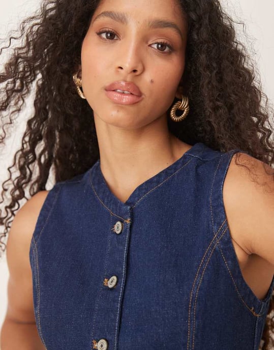 Abercrombie & Fitch denimbomberklänning utan ärmar med knäppning i mörkblå tvätt - Image 3