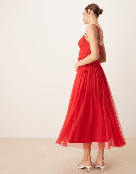 Lace & Beads tulle corset midi dress in red - Image 1