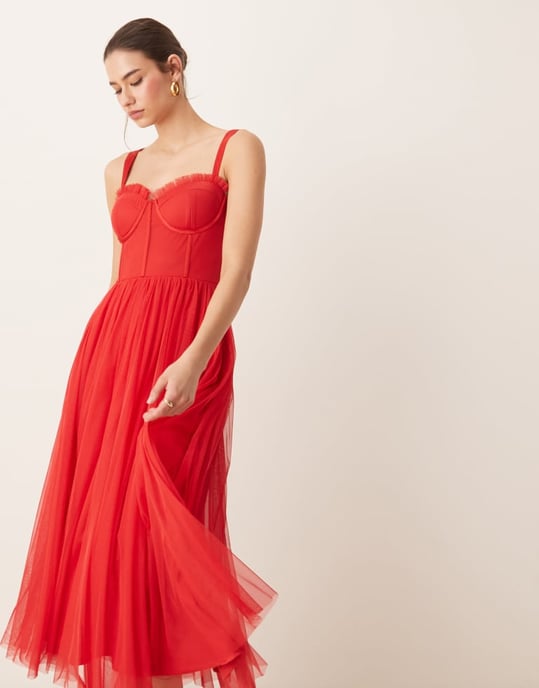 Lace & Beads tulle corset midi dress in red - Image 2