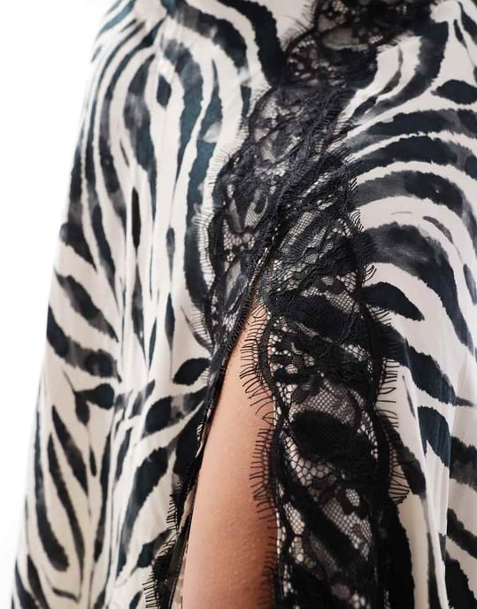 ASOS DESIGN klänning med sjalkrage och snedkant, midilängd, spetsdetaljer i zebramönster - Image 2