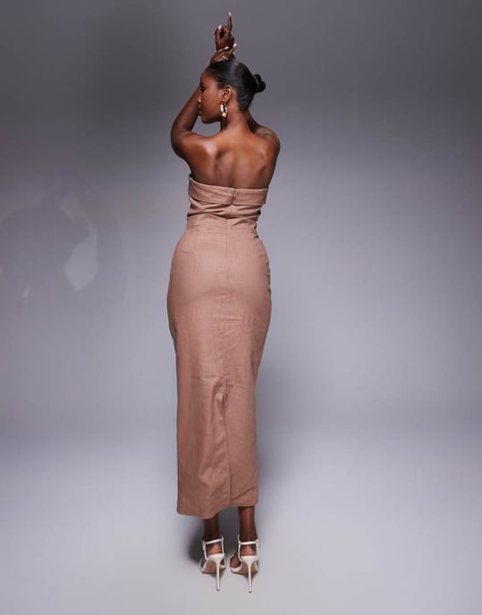 Kaiia exclusive linen tailored fold over bandeau back split maxi dress in brown - Image 2