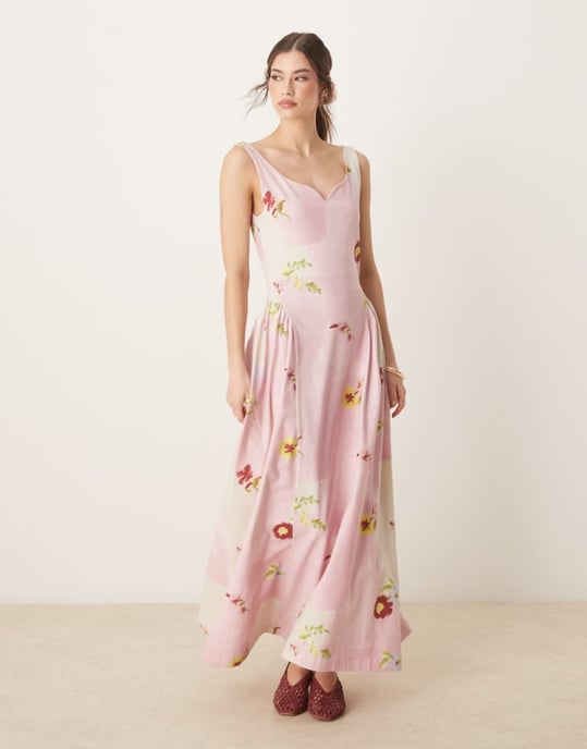 ASOS DESIGN sommar maxi klänning med full kjol i rosa blommönster patchwork - Image 1