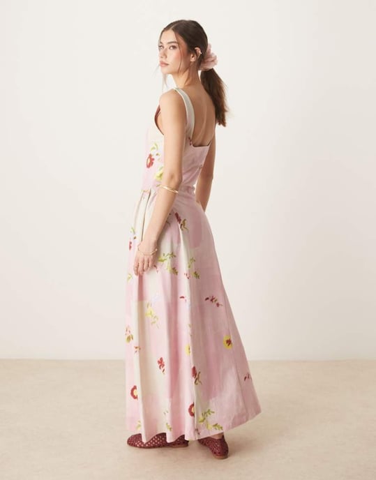 ASOS DESIGN sommar maxi klänning med full kjol i rosa blommönster patchwork - Image 4