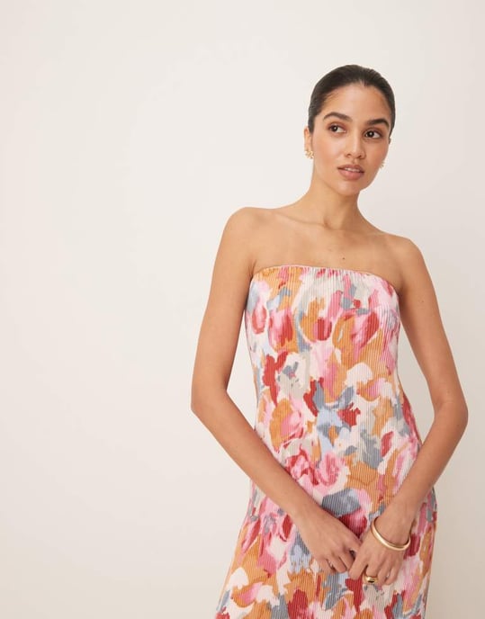 Abercrombie & Fitch strapless giselle plisserad maxiklänning i gul abstrakt - Image 2