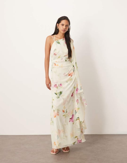 ARRANGE rygglös chiffongklänning med draperad maxilängd i lager med målarblommor - Image 2
