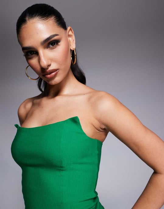 Vesper bengalinsk bandeau midaxi-klänning med fyrkantig kant och sidoklyv i smaragd - Image 4