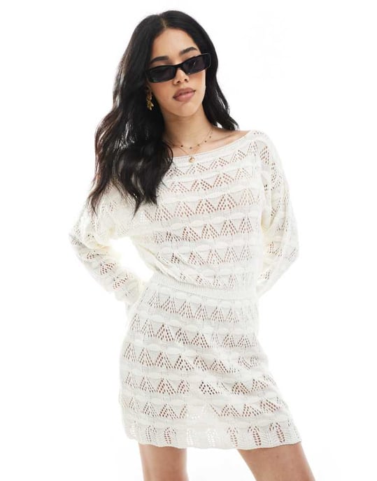 Miss Selfridge stickad knytmidje virkad mini klänning i krämfärg - Image 3