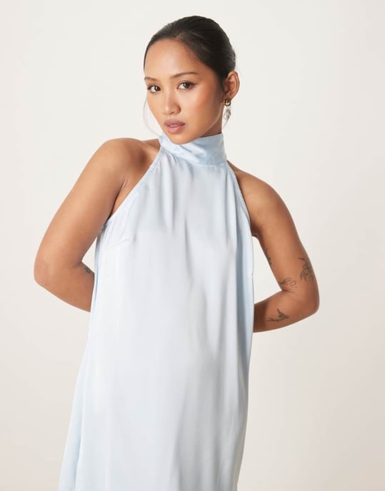 Vila Petite satin halterneck mini klänning i pastellblå - Image 2