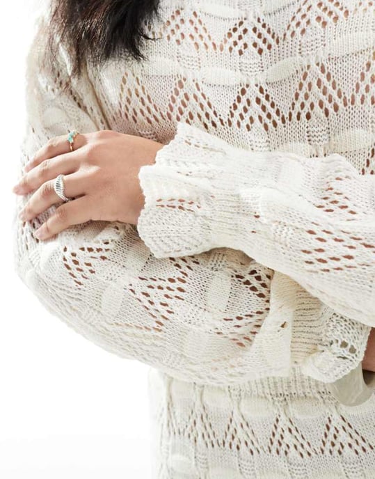 Miss Selfridge stickad knytmidje virkad mini klänning i krämfärg - Image 4