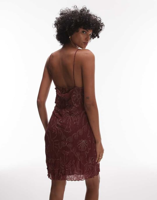 Topshop krinklad kjolklänning med sjötryck i burgundy - Image 3