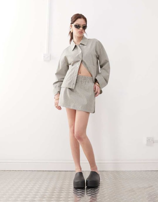 Noisy May boxer mini skirt co-ord in grey stripe - Image 1