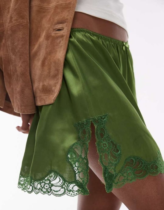 Topshop satinspets underkjol mid waist mini kjol i grön - Image 3