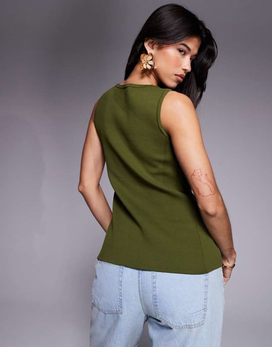 ASOS DESIGN knitted button front waistcoat with flower buttons in olive - Image 2