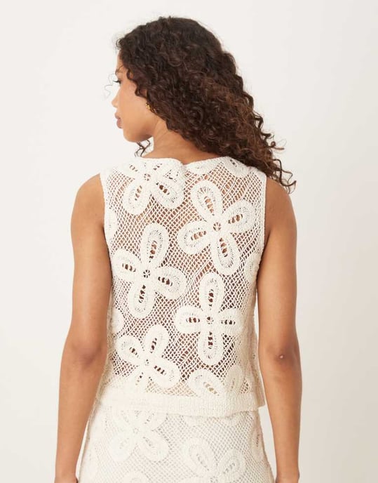 YAS premium floral crochet knitted waistcoat co-ord in cream - Image 2