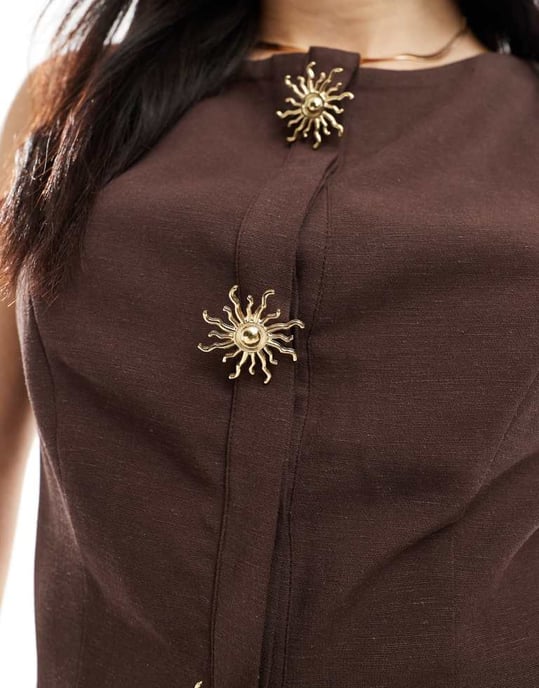 ASOS DESIGN linen blend trim detail waistcoat in chocolate - Image 2