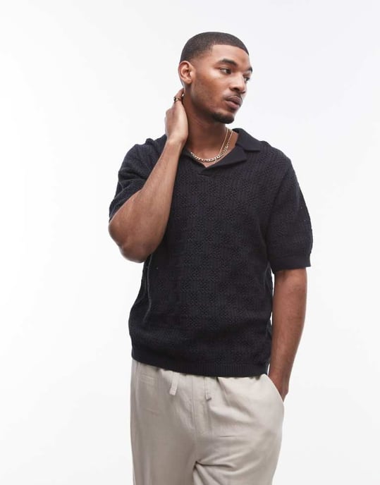Topman virkat mönster polo i svart - Image 1