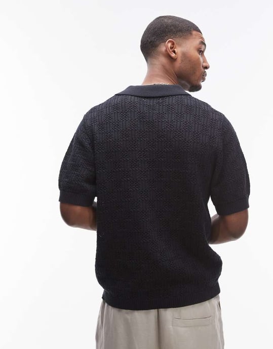 Topman virkat mönster polo i svart - Image 4
