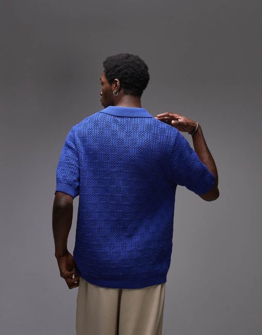 Topman stickad rutmönstrad virkad polo i blått - Image 3