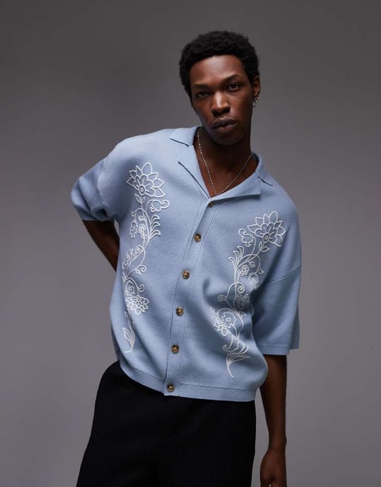 Topman dualblommig broderad revere polo i blått - Image 2