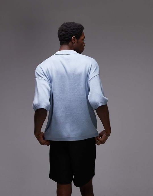 Topman dualblommig broderad revere polo i blått - Image 3