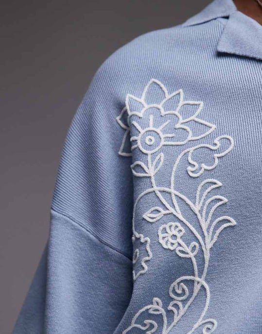 Topman dualblommig broderad revere polo i blått - Image 4