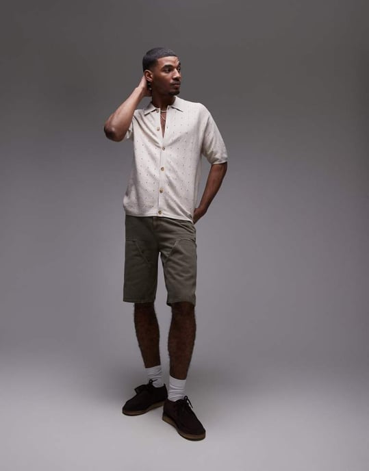 Topman hålmönstrad stickad polo i sten - Image 2