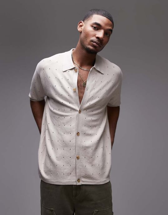 Topman hålmönstrad stickad polo i sten - Image 3