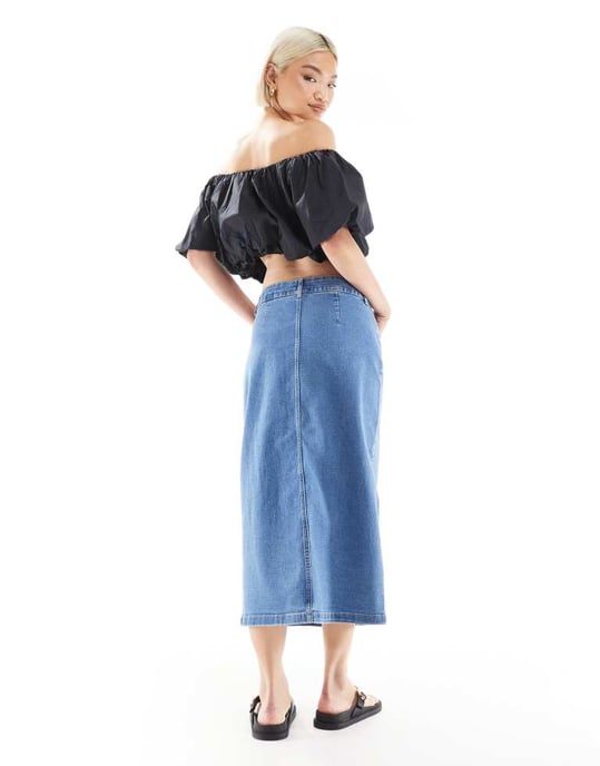 Vero Moda knäppning fram midi denimkjol i ljusblå tvätt - Image 4