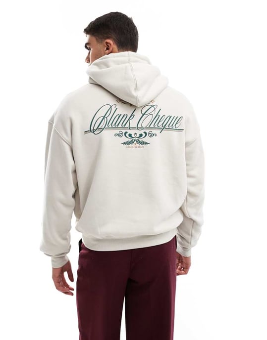 Cotton On box fit hoodie med blank check grafik i krämfärgad - Image 4