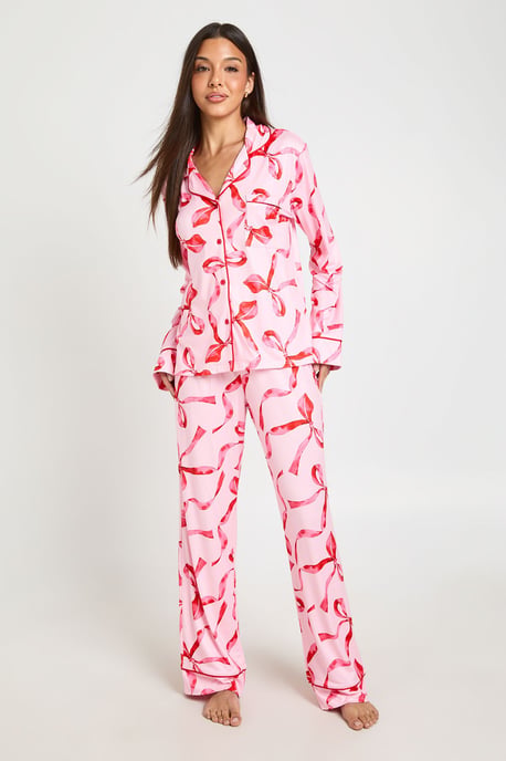 Oversized Bow Print Long Sleeve Shirt & Trouser Pyjama Set - Image 1