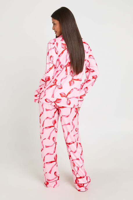 Oversized Bow Print Long Sleeve Shirt & Trouser Pyjama Set - Image 2