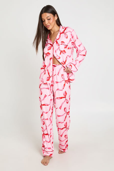 Oversized Bow Print Long Sleeve Shirt & Trouser Pyjama Set - Image 3