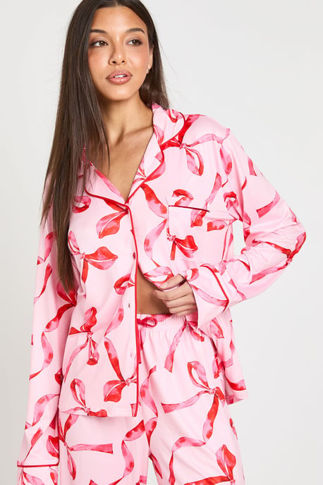 Oversized Bow Print Long Sleeve Shirt & Trouser Pyjama Set - Image 4