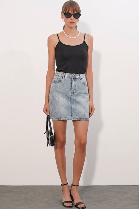 Hoge Taille Polkadot Denim Mini Rok - Image 2